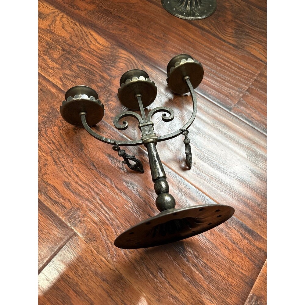 Pair Antique Hugo Berger Goberg Arts & Crafts Wrought Iron 3-Branch Candelabras - Picture 5 of 5